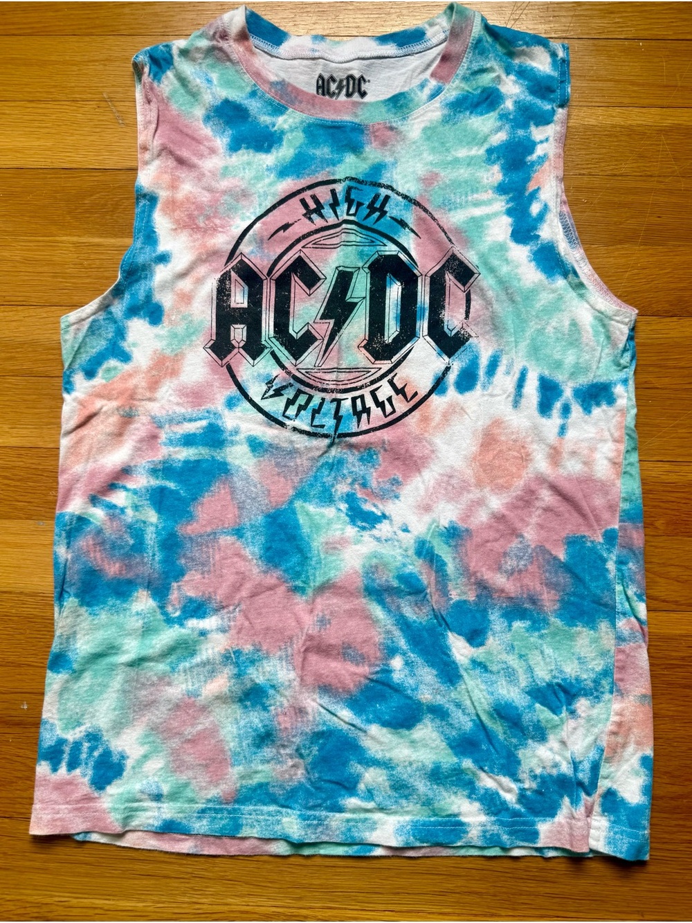 AC/DC Tie-Dye Muscle Tee in Pink, Blue & Green